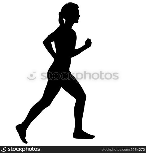 Black Silhouettes Runners sprint women on white background. Black Silhouettes Runners sprint women on white background.
