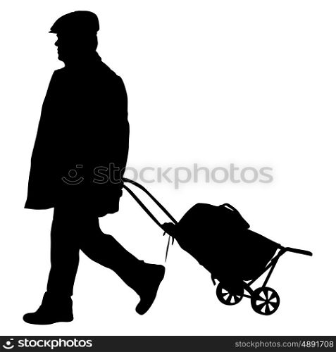 Black silhouettes travelers with suitcases on white background.. Black silhouettes travelers with suitcases on white background. Vector illustration.