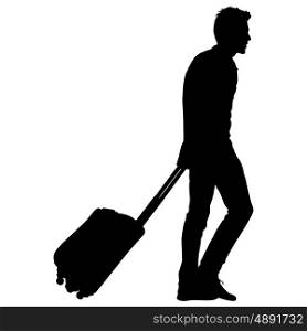 Black silhouettes travelers with suitcases on white background.. Black silhouettes travelers with suitcases on white background. Vector illustration.
