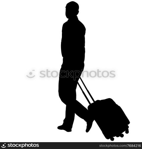 Black silhouettes travelers with suitcases on white background.