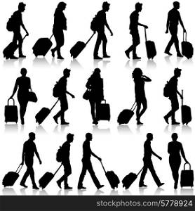 Black silhouettes travelers with suitcases on white background. Vector illustration.