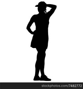 Black silhouettes woman with arm raised on a white background.. Black silhouettes woman with arm raised on a white background