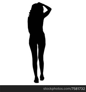 Black silhouettes woman with arm raised on a white background.. Black silhouettes woman with arm raised on a white background
