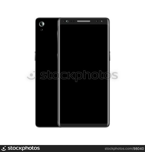 Black smartphone front and back view isolated on white background. Mobile phone with blank screen. Cell phone mockup design. Vector illustration.. Black smartphone front and back view