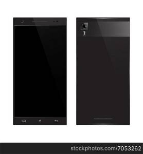 Black smartphone front, back view. Black smartphone front, back view isolated on white background. Mobile phone vector illustration.