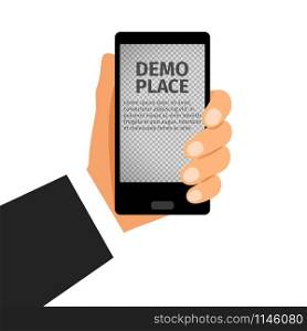 Black smartphone in hand with transparent background for your design, vector illustration. Smartphone in hand with transparent background
