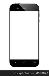 Black smartphone isolated on white background. Mobile phone with blank screen. Cell phone mockup design. Vector illustration.. Black smartphone isolated