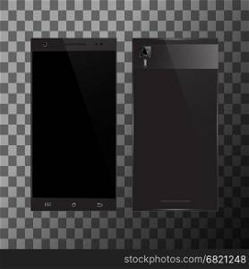 Black smartphone with blank screen. Front and back view. Cell phone mockup design. Mobile phone vector illustration.. Black smartphone with blank screen
