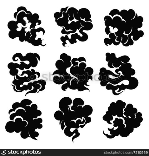 Black Smoke Set on a White Background Decorative Element Design Style Different Types. Vector illustration