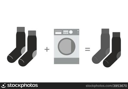 Black socks and a washing machine. Shades of gray, different socks after washing. Vector illustration.&#xA;