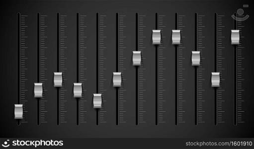 Black sound mixer panel. Silver sliders. Realistic 3D vector illustration.. Black sound mixer panel. Silver sliders. 3D vector illustration