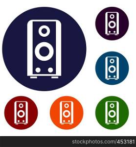 Black sound speaker icons set in flat circle reb, blue and green color for web. Black sound speaker icons set