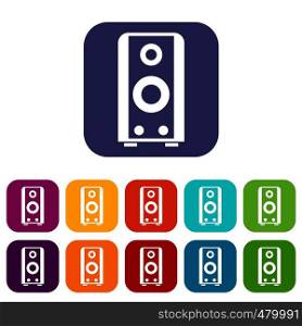 Black sound speaker icons set vector illustration in flat style in colors red, blue, green, and other. Black sound speaker icons set