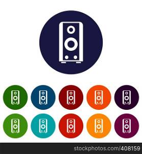 Black sound speaker set icons in different colors isolated on white background. Black sound speaker set icons