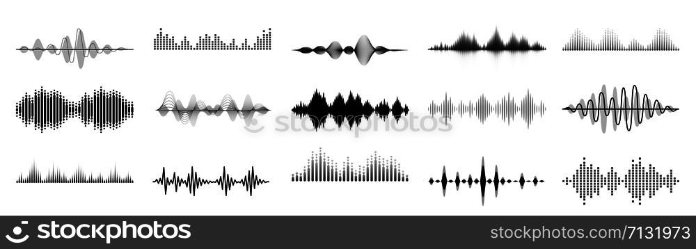 Black sound waves. Abstract music wave, radio signal frequency and digital voice visualisation. Tune equalizer vector set. Monochrome volume audio lines, soundwaves rhythm isolated on white background. Black sound waves. Abstract music wave, radio signal frequency and digital voice visualisation. Tune equalizer vector set. Audio lines, soundwaves rhythm, soundtrack shape isolated on white background