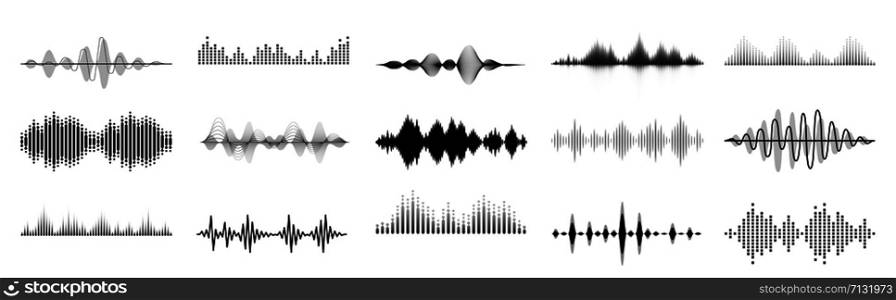 Black sound waves. Abstract music wave, radio signal frequency and digital voice visualisation. Tune equalizer vector set. Monochrome volume audio lines, soundwaves rhythm isolated on white background. Black sound waves. Abstract music wave, radio signal frequency and digital voice visualisation. Tune equalizer vector set. Audio lines, soundwaves rhythm, soundtrack shape isolated on white background