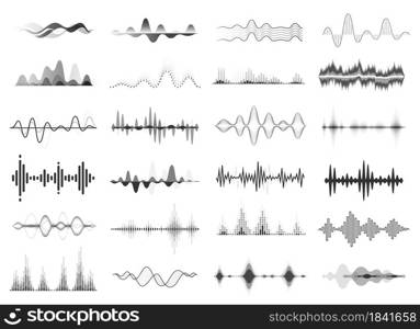 Black sound waves, music beat, audio equalizer. Abstract voice wave rhythm, radio waveform, digital soundwave visualization vector set. Melody player with sound amplitude, song display. Black sound waves, music beat, audio equalizer. Abstract voice wave rhythm, radio waveform, digital soundwave visualization vector set