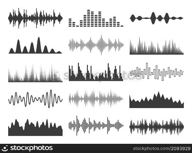 Black sound waves. Music tracks. Tune beats graphic presentation. Electronic audio signals frequency. Stereo signals forms. Musical recorder abstract symbols. Vector digital equalizer waveforms set. Black sound waves. Music tracks. Beats graphic presentation. Electronic audio signals frequency. Stereo signals forms. Musical recorder abstract symbols. Vector equalizer waveforms set