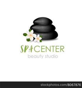 Black Spa Stones with white frangipani flowers logo design. Can be used for spa, yoga, massage center,wellness, beauty salon and medicine company