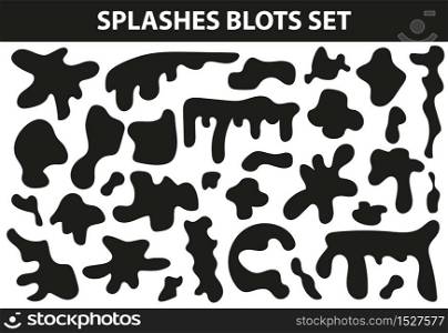 Black splash spots set. Drips and stains collection. Drops of stains. Isolated on white background. Splashes blots. Vector illustration. Black splash spots set. Drips and stains collection. Drops of stains. Isolated on white background. Splashes blots. Vector illustration.