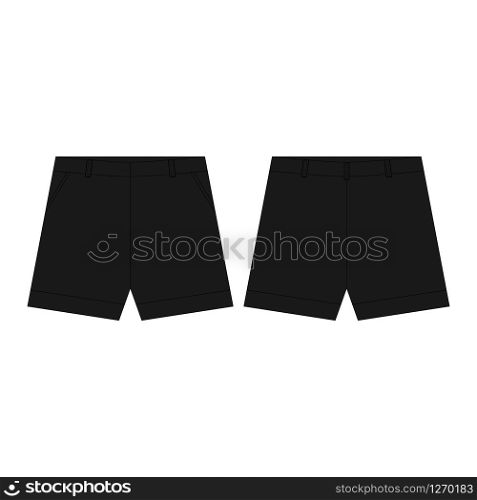 Black sport shorts pants isolated on white background. Man&rsquo;s wear. Technical sketch kids clothes. Sportswear, uniform clothes. Fashion vector illustration. Black sport shorts pants isolated on white background. Man&rsquo;s wear.