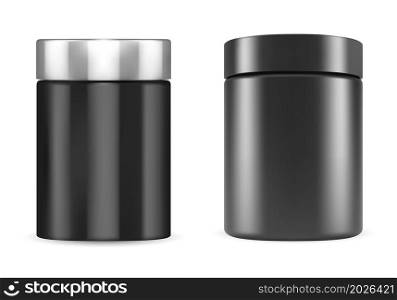 Black sport supplement jar. Cylinder container mockup for vitamin tablets or protein powder, glossy package template. Black tube with cap for whey protein nutrition, muscle workout. Black sport supplement jar. Cylinder container mockup