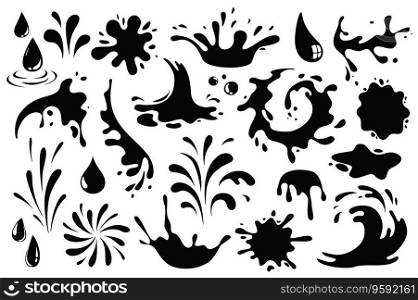 Black spots and drops mega set graphic elements in flat design. Bundle of liquid paint drips splashing, wet dye prints and ink spraying of drawing grunge texture. Vector illustration isolated objects. Black Spots Vector Set