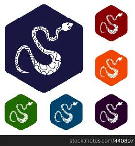 Black spotted snake icons set hexagon isolated vector illustration. Black spotted snake icons set hexagon