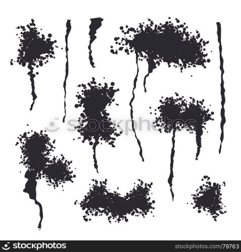 Black Spray Isolated Vector. Grunge Effect, Spread Texture. Abstract Paint Blots On White Background Illustration. Dirty Spray Stain Vector Isolated Illustration. Exploding, Black Drops.