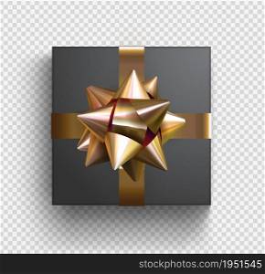 Black square gift box with gold ribbon isolaten on transparent background.. Black square gift box with gold ribbon isolaten on transparent background. Vector illustration.
