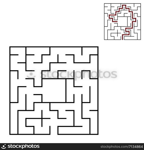 Black square maze with entrance and exit. An interesting and useful game for children. Simple flat vector illustration isolated on white background. With a place for your drawings. With the answer. Black square maze with entrance and exit. An interesting and useful game for children. Simple flat vector illustration isolated on white background. With a place for your drawings. With the answer.