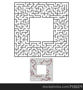 Black square maze with entrance and exit. An interesting and useful game for children. Simple flat vector illustration isolated on white background. With a place for your drawings. With the answer. Black square maze with entrance and exit. An interesting and useful game for children. Simple flat vector illustration isolated on white background. With a place for your drawings. With the answer.
