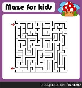 Black square maze with entrance and exit. With a cute cartoon mushroom. Simple flat vector illustration isolated on white background. Black square maze with entrance and exit. With a cute cartoon mushroom. Simple flat vector illustration isolated on white background.