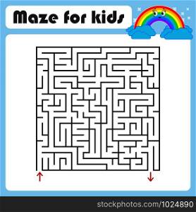 Black square maze with entrance and exit. With a cute cartoon of a rainbow. Simple flat vector illustration isolated on white background. Black square maze with entrance and exit. With a cute cartoon of a rainbow. Simple flat vector illustration isolated on white background.