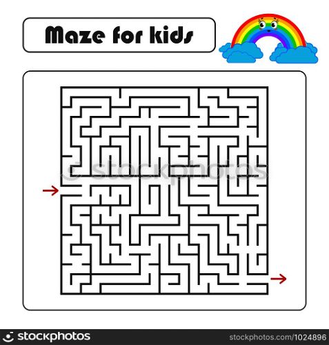 Black square maze with entrance and exit. With a cute cartoon of a rainbow. Simple flat vector illustration isolated on white background. Black square maze with entrance and exit. With a cute cartoon of a rainbow. Simple flat vector illustration isolated on white background.