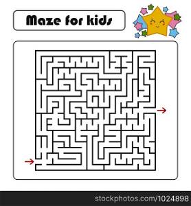Black square maze with entrance and exit. With a lovely cartoon star. Simple flat vector illustration isolated on white background. Black square maze with entrance and exit. With a lovely cartoon star. Simple flat vector illustration isolated on white background.