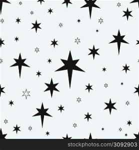 Black stars pattern. Seamless print with simple doodle starry symbols. Minimalistic glitters. Firework particles. Glowing flares. Space silhouette shapes. Sparks and glints. Vector night sky wallpaper. Black stars pattern. Seamless print with doodle starry symbols. Minimalistic firework particles. Glowing flares. Space silhouette shapes. Sparks and glints. Vector night sky wallpaper
