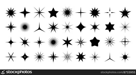 Black stars shapes set. Graphic minimal star rays, sparkling silhouette modern symbols. Geometric twinkle icons, different christmas, party, festive racy vector elements of star shape ray illustration. Black stars shapes set. Graphic minimal star rays, sparkling silhouette modern symbols. Geometric twinkle icons, different christmas, party, festive racy vector elements