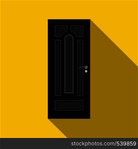 Black steel door icon in flat style on a yellow background. Black steel door icon, flat style