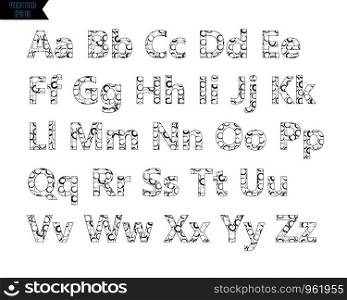 Black stencil alphabet font template. Vintage letters and numbers stamp design. Vector illustration. Black stencil alphabet font template. Vintage letters and numbers stamp design. Vector illustration.