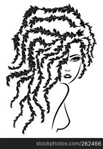 Black stencil of charming girl with floral luxuriant wavy hair on the white background, hand drawing vector