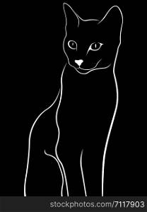 Black stencil of cute and young cat, looking to the side, vector hand drawing on white background