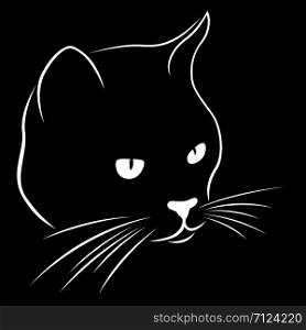 Black stencil of serious cat&rsquo;s muzzle looking, vector hand drawing on white background