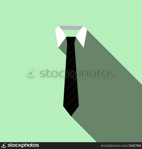 Black striped necktie on a shirt collar icon in flat style on a light blue background. Black necktie on a shirt collar icon, flat style