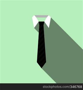 Black striped necktie on a shirt collar icon in flat style on a light blue background. Black necktie on a shirt collar icon, flat style