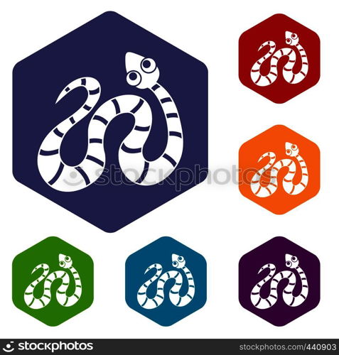 Black striped snake icons set hexagon isolated vector illustration. Black striped snake icons set hexagon