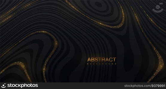 Black striped texture with golden glitters. Abstract marbling background. Vector illustration. Smooth fluid lines pattern. Modern poster design. Trendy cover with wavy black and gold lines. Black striped texture with golden glitters.