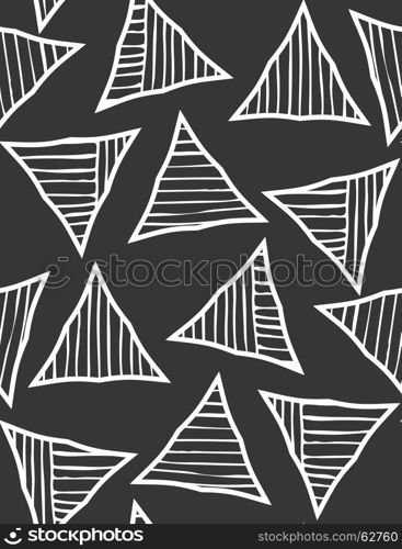 Black striped triangles on black.Black and white geometrical repainting pattern. Seamless design for fashion fabric textile. Vector background with simple geometrical shapes.