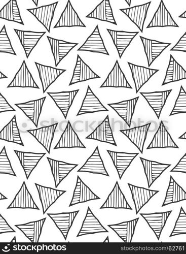 Black striped triangles on white.Black and white geometrical repainting pattern. Seamless design for fashion fabric textile. Vector background with simple geometrical shapes.