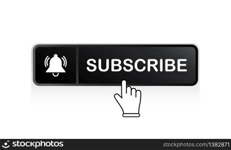 Black subscribe button with mouse pointer and notification bell icon flat in modern colour design concept on isolated white background. EPS 10 vector. Black subscribe button with mouse pointer and notification bell icon flat in modern colour design concept on isolated white background. EPS 10 vector.